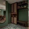 Modern Foyer Design Featuring Cane Front Cabinets and Shiplap Walls