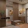 Mid-Century Modern Walnut Brown Foyer Design with Frameless Full Length Mirrors