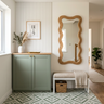 Sage Green Mid Century Modern Foyer Design with Mirror and Compact Storage Unit