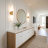 Modern Acacia and White Foyer Design with Marble Console and Storage Cabinets