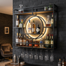 Home Bar Design with Black Metal Shelves and Curved Frames