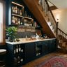 Under Staircase Contemporary Home Bar Design with Navy Blue Cabinetry