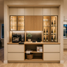 Home Bar Design with White Cabinets and Walnut Countertops