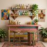 Pastel Multicolor Eclectic Home Bar Design with Open Shelves and Countertop Storage