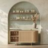Light Oak Wood Mediterranean Home Bar Design with Curved Shutters and Open Shelves