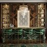 Wooden Art Deco Home Bar Design with Glass Shelves and Concealed Storage