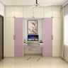 White and Lavender Modern Home Office Design with Compact Desk and Built In Storage