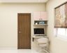 White and Rose Minimal Home Office Design with Compact Desk and Wall Storage
