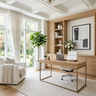 Contemporary Oak Brown Home Office Design with Brass Metal Desk Frame