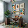 Walnut Modern Home Office Design with Blue-Gray Grid Gallery Wall Prints