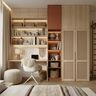 Modern Home Office Design with Terracotta Shelves and Cane Wardrobes