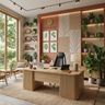 Terracotta and Wood Modern Home Office Design with Wooden Desk and Open Shelf Storage