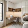 Beige and White Minimal Home Office Design with Floating L-Shaped Corner Desk