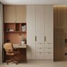 Mid Century Modern Home Office Design with Terracotta and Walnut Wardrobe