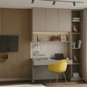 Scandinavian Home Office Design with Bright Yellow Chair and Grey Cabinets