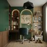 Modern Home Office Design with Arched Bookshelf and Pegboard Storage Wall