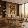 Walnut Brown Mid Century Modern Home Office Design with Exposed Brick Walls