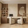 Walnut and Cream Modern Home Office Design with Irregular Gold Framed Mirror Panels