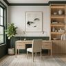 Transitional Home Office Design with Dark Green Wainscoting Accent Walls