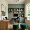 Minimal Home Office Design with Brown and Sage Green Built Cabinetry