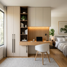 Oak Wood and White Minimal Home Office Design with Overhead Storage Cabinets