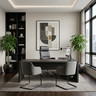 Modern Home Office Design with Dark Charcoal Executive Desk Setup