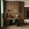 Mid-Century Modern Walnut Wood Home Office Design with Desk and Built In Storage