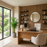 Contemporary Oak Brown Home Office Design with Wall Mounted Floating Shelves