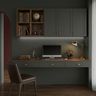Grey and Wood Traditional Home Office Design with Wooden Desk and Bookshelf