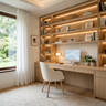 Oak Brown Modern Home Office Design with Floor To Ceiling Built In Shelving