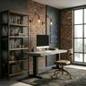 Wood and Charcoal Home Office Design with Industrial Desk and Open Shelving