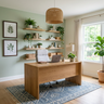 Oak Brown Modern Home Office Design with Woven Rattan Dome Pendant