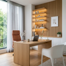 Contemporary Oak Brown Home Office Design with Vertical Wood Slat Accent Wall