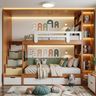 Scandinavian Kids Bedroom Design with Wooden Bunk Bed and Sage Green Slat Paneling