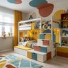 Scandinavian Kids Bedroom Design with Geometric Wall Mural and White Bunk Bed