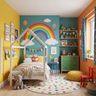 Modern Eclectic Wallpaper Design with Hand Painted Rainbow Mural Art