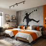 Contemporary Twin Kids Bedroom Design With Concrete Wall and Wooden Storage Beds
