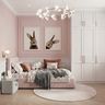 Contemporary Kids Bedroom Design with Pink Molding Walls and Low-Profile Bed