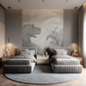 Modern Kids Bedroom Design with Twin Beds and Grayscale Dinosaur Wall Mural
