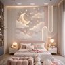 Contemporary Moon Mural Kids Bedroom Design with Blush Bed and Ribbed Panels