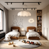 Modern Twin Kids Bedroom Design with Line Rabbit Artwork and Platform Bed