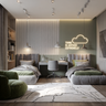 Contemporary Twin Kids Bedroom Design with Grey Twin Beds and Central Study Table