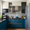 Teal and White Modern U-Shaped Kitchen Design with Granite Tops