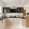 Transitional U-Shaped Kitchen Design with White Cabinets and Wood Bar