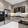 U-Shaped Kitchen Design with Grey High Gloss Cabinets and Marble Flooring