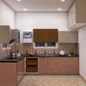 L-Shaped Contemporary Kitchen Design with Grey and Rose Suede Laminate Cabinets