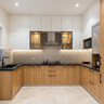 Wood and White U-Shaped Kitchen Design with Glass Cabinets