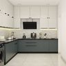 Modern L-Shaped Kitchen Design in Grey and White with Marble Backsplash