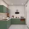 Contemporary L-Shaped Kitchen Design In Aqua Green Finish with Black Chimney Hood
