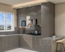 Contemporary L-Shaped Kitchen Design in Grey Finish with Granite Counter